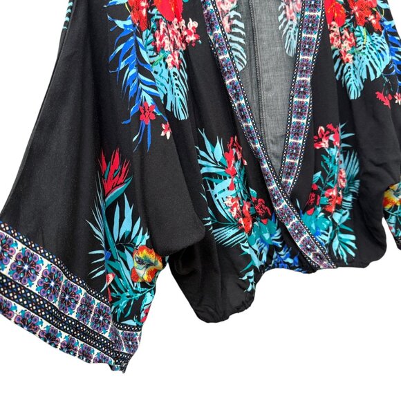 Flying Tomato Kimono Top Small Black Floral Boho Crossover Blouse Rayon Crop - Picture 5 of 8